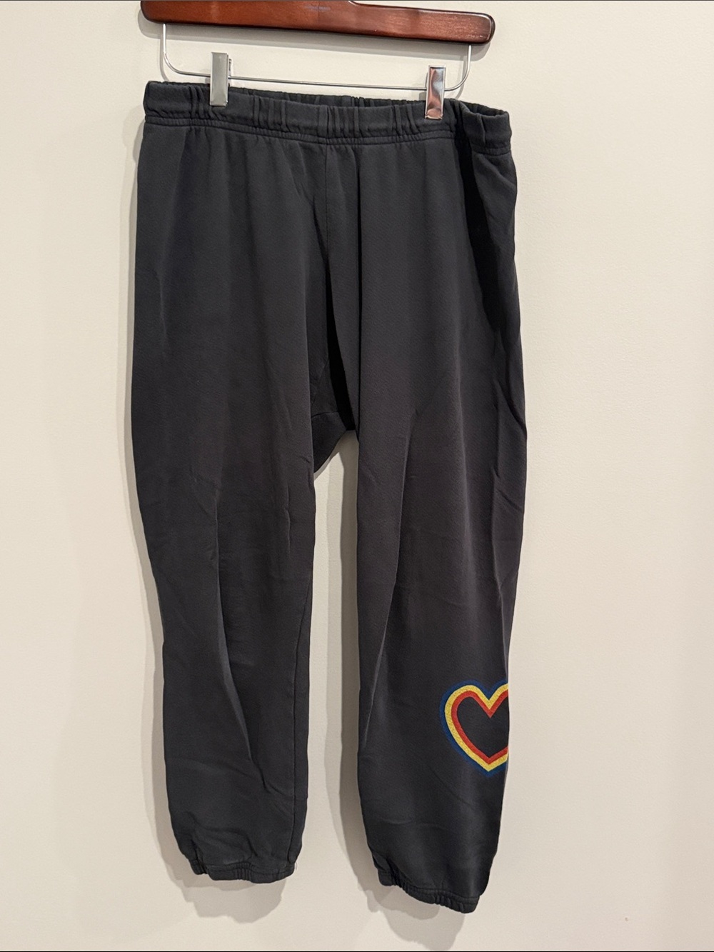 Michael Lauren Faded Black Sweatpants with Rainbow Heart Accent